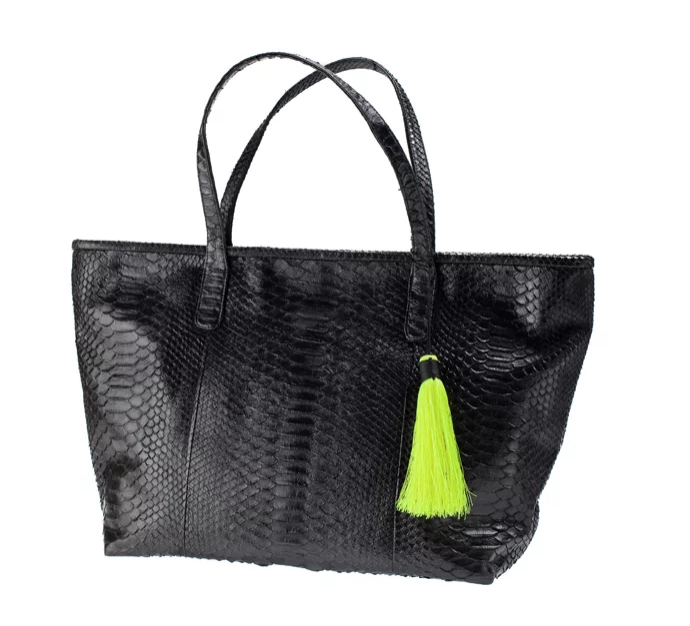 Jet Black Python Skin Tote Bag